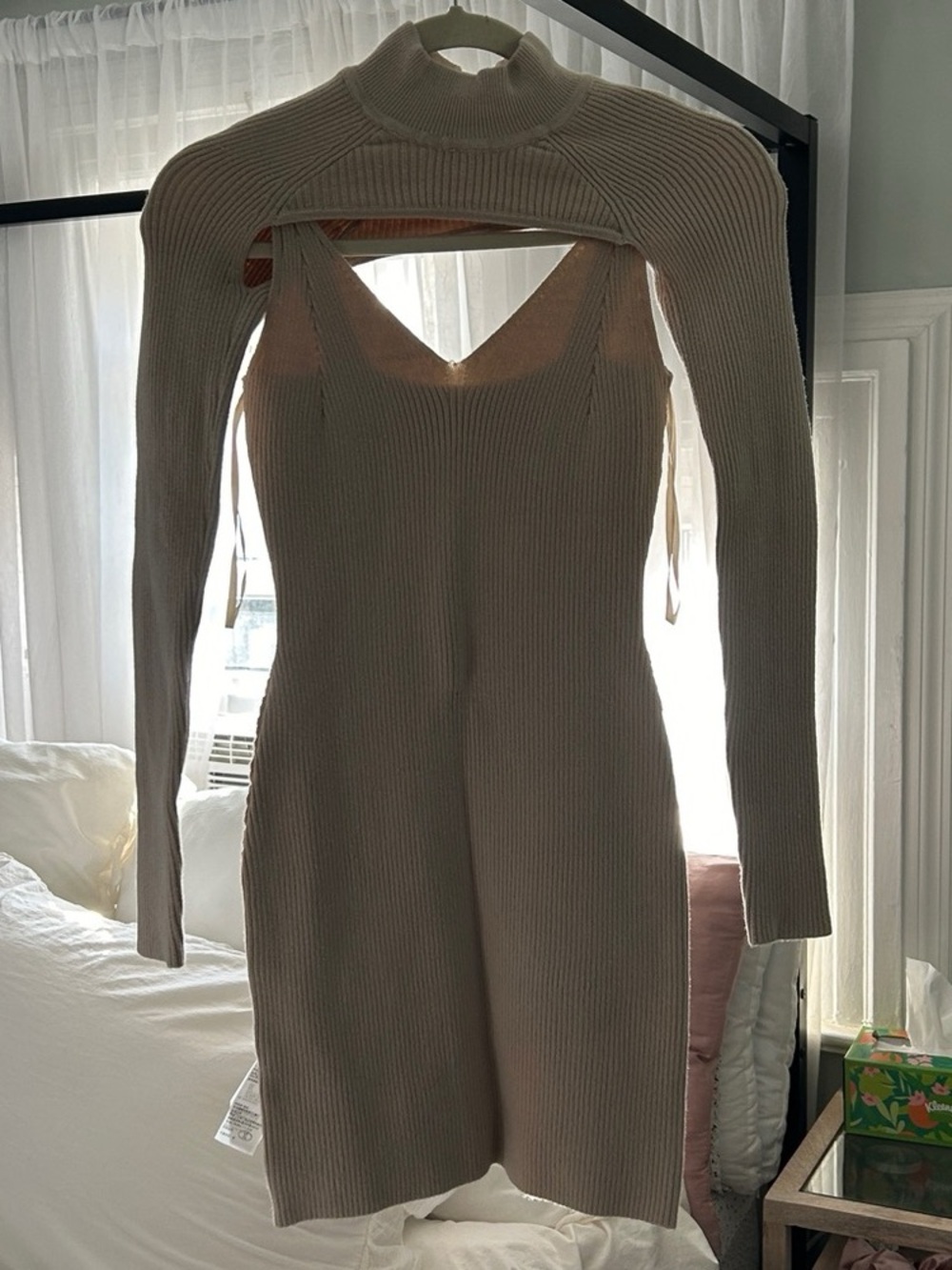 Rib Knit Sweater Dress with Cutout Shoulder in Beige